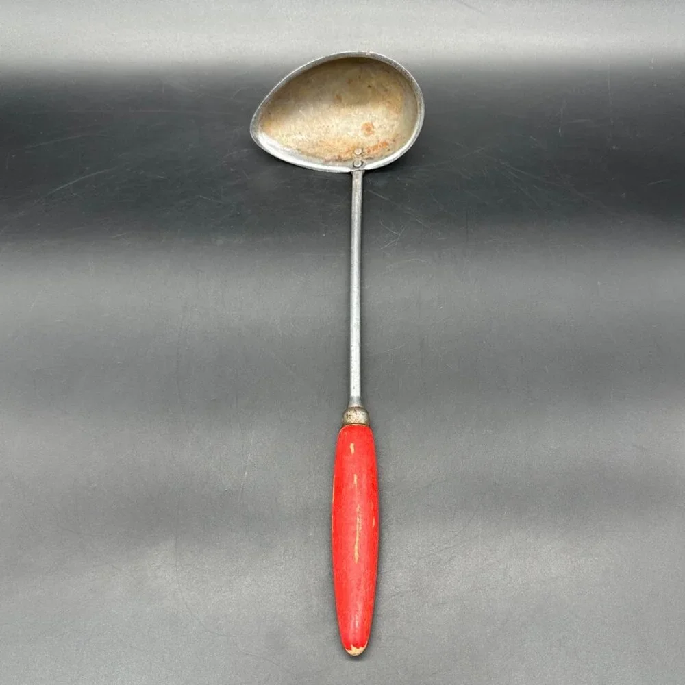 Vintage Ladle Spoon Dipper Red Wooden Handle Rustic Kitchen 1950s Retro Mid Cent